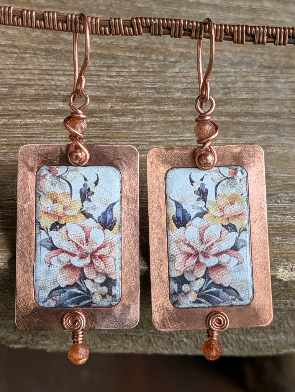 Victorian Rose Earrings- Enameled Copper Design- Artisan Crafted